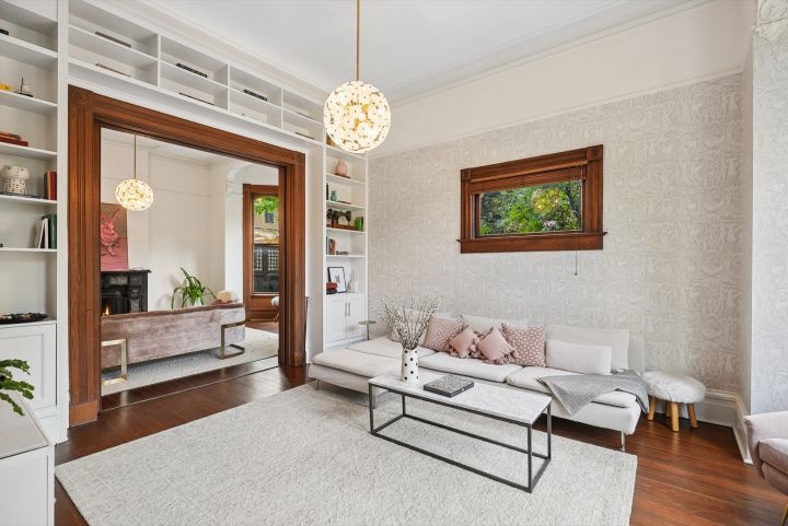 Twelve-foot ceilings and original woodwork in the living room