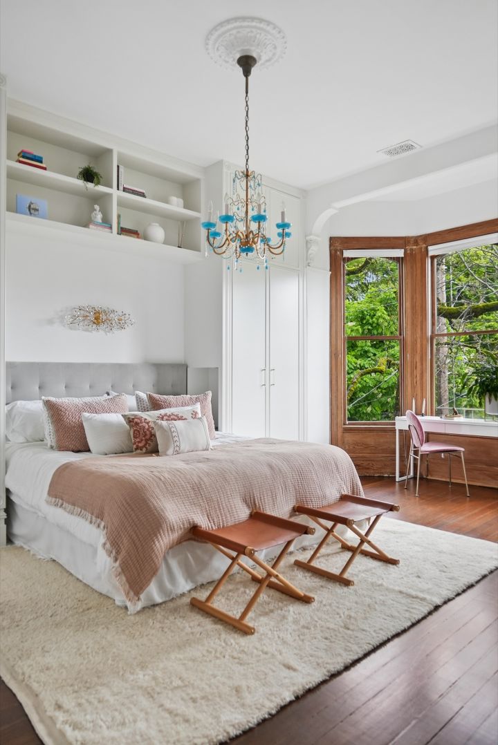 The primary suite, set into the bay window